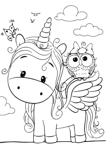 Disegni da Colorare: Piccolo Unicorno e Gufo