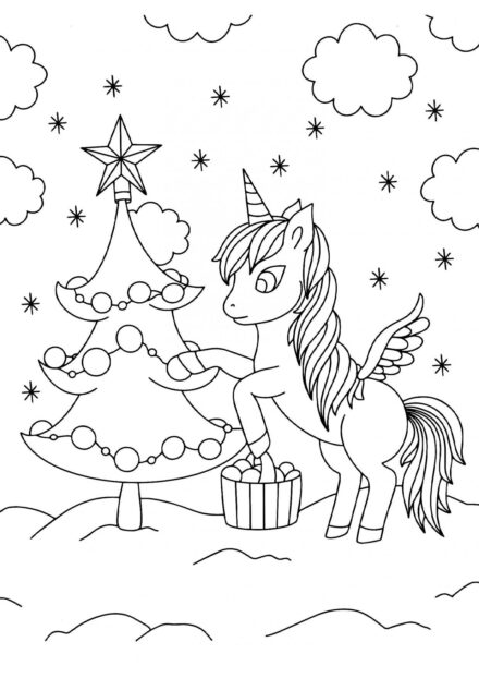 Disegni da Colorare: Unicorno con un Albero di Natale