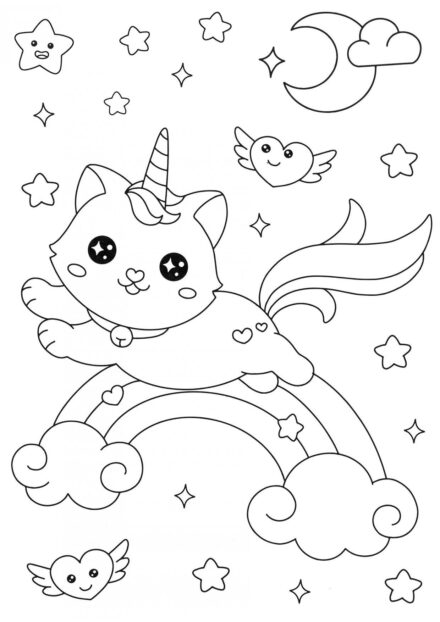 Disegni da Colorare: Gattino Unicorno in Volo