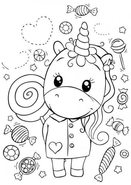 Disegni da Colorare: Unicorno e una Montagna di Dolci