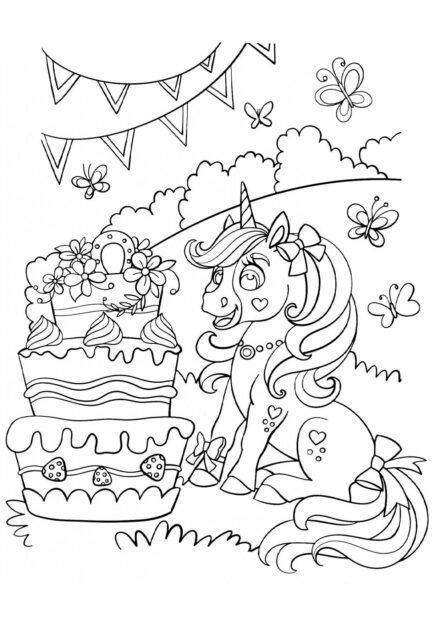 Disegni da Colorare: Unicorno e Torta Gigante