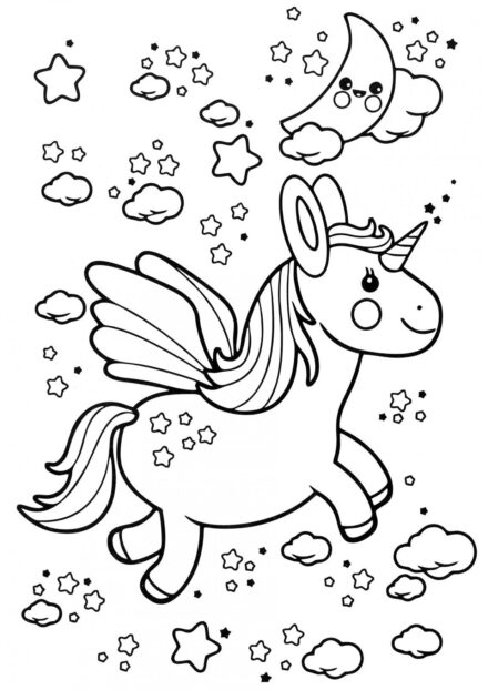 Disegni da Colorare: Piccolo Unicorno nel Cielo