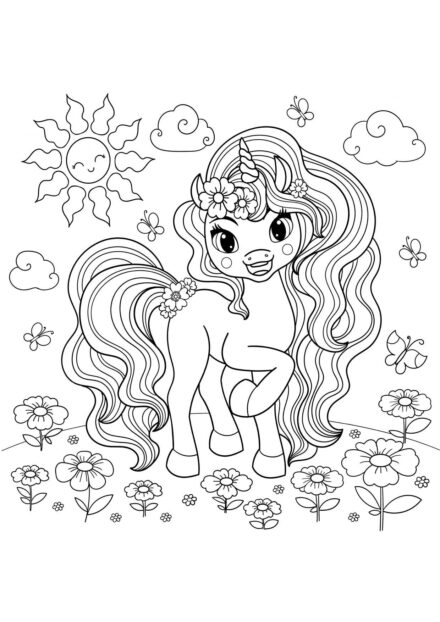 Disegni da Colorare: Piccolo Unicorno in un Giardino di Fiori