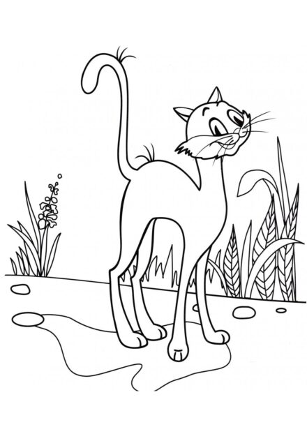 Disegno da Colorare: Gatto nel Cortile