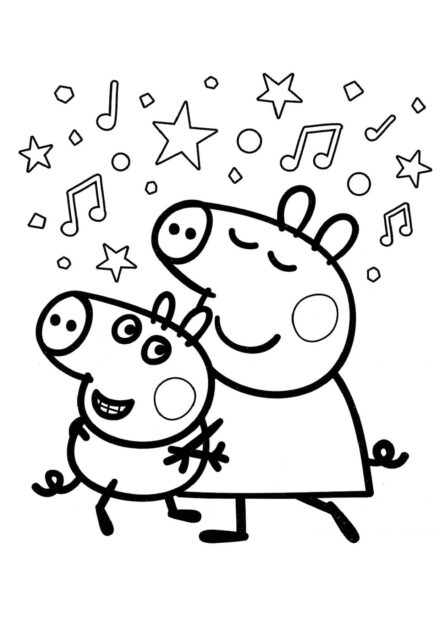 Pagina da Colorare di Peppa Pig che Ascolta Musica