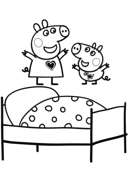 Pagina da Colorare di Peppa e George che Saltano sul Letto