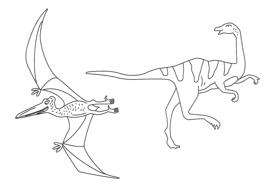 Disegno da Colorare di Gallimimus e Pterodactyl